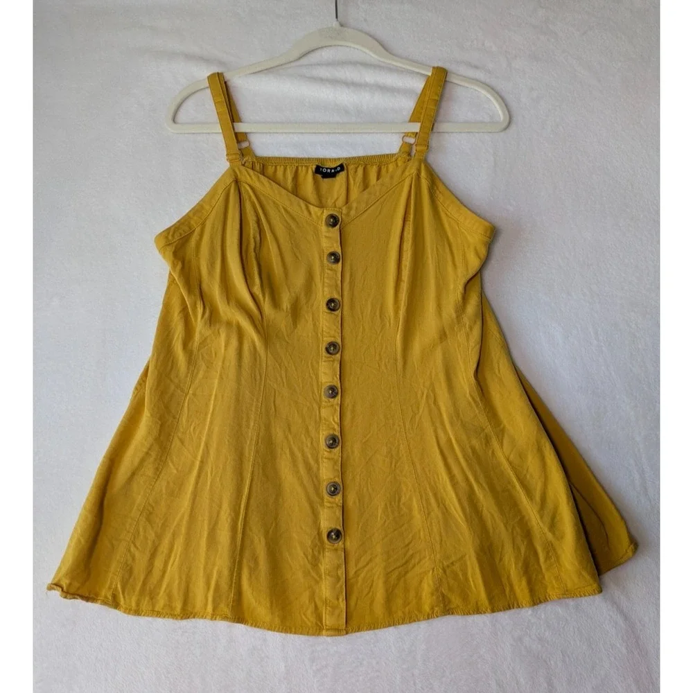 Torrid Cami Tank Top Womens 0 Mustard Yellow Button Front Babydoll Flared Straps
